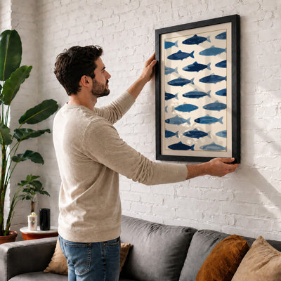 Swimming Fish Pattern Geometric - Framed Print