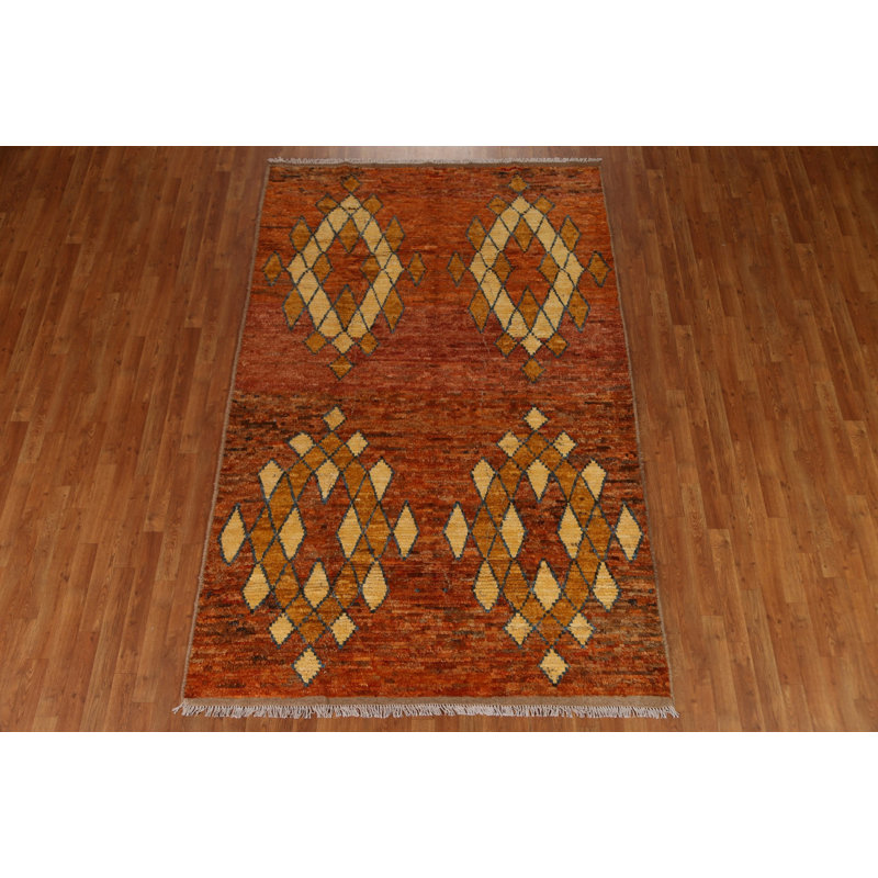 Tapis orange en laine noué à la main de conception unique 5 pi 10 po x 8 pi 11 po New Age