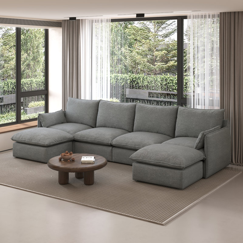 124" U-Shaped Cloud Couch, Linen Blend Spill-Proof Fabric Cloud Sectional Couches For Living Room, Convertible Modular Sectional Sofa With Deep Seats & High-Back, Removable Washable Sofa Covers