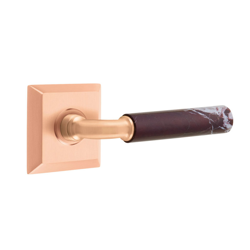 Ensemble de leviers de passage Emtek Select avec rosette Quincy et tige R-Bar, levier en marbre Rosso Levanto, Or rose satiné
