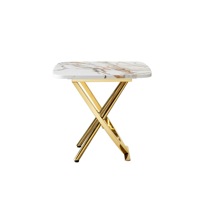 Table de bout en MDF à motif marbré avec base carrée en acier inoxydable doré