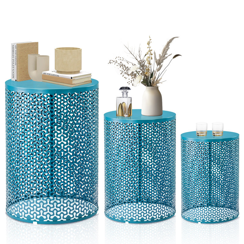 3-Piece Stackable Metal Outdoor Side Table, Blue