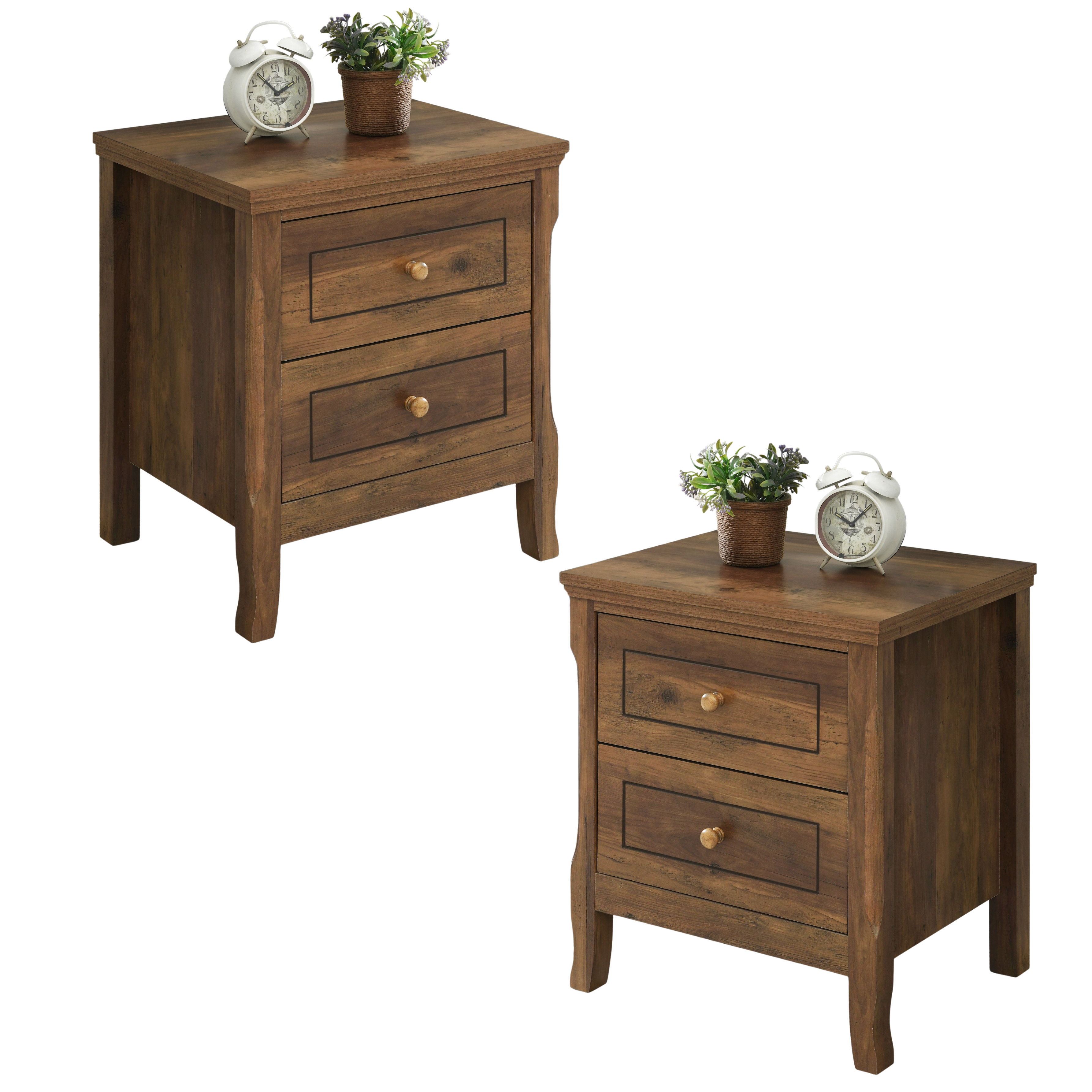 Porter 2 Drawer Nightstand Set Of 2, Bedside Tables With Storage Drawers, Compact Wood Night Stands For Bedroom, End Table Or Side Table For Living Room, 15.7" D X 18.9" W X 22" H, Brown