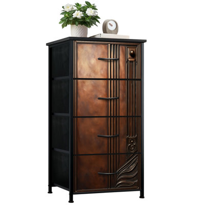 Dresser for Bedroom with 4 Storage Drawers Elegant Copper Doors Intricate Metallic Industrial Rustic Dressers Chest of Drawers Steel Framed Fabric Closet Organizers for Dorm Entryway