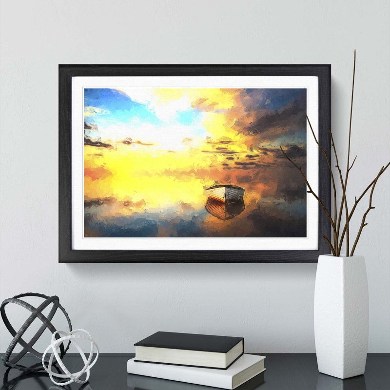 Boat upon a Lake During Sunrise in Abstract - Picture Frame Painting Print, 48cm H x 65cm W x 2cm D, Black Framed