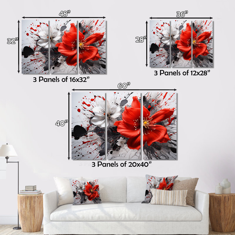 «Red Gray Botanical Symphony I» sur toile, reproduction de 3 pièces, H 40 po x l 60 po x P 1 po