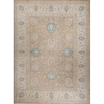 Tapis en laine noué la brun/bleu/beige 8 pi x 12 po main one-of-kind