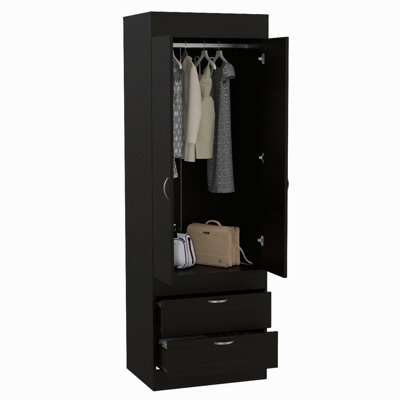 Armoire, tringle, porte double, deux tiroirs, poignées en métal
