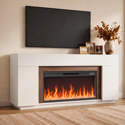 Fireplace TV Stand with 36" Fireplace Insert, Entertainment Center with Doors and Open Shelves for Large TVs, 70" Wide, Walnut