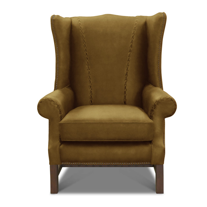 Fauteuil à oreilles en cuir véritable de 36 po de largeur Rodolfo, Cendre miel, Chameau (Maestro Artisano)