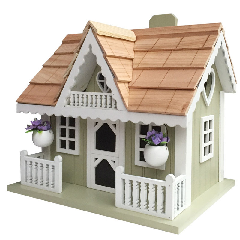 Rosemary Green and White Wooden Cottage Birdhouse