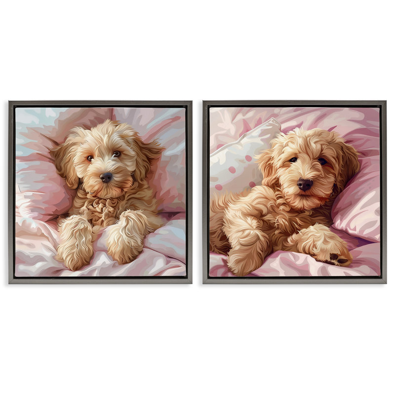  «Cuddling Labradoodle in Bed», ensemble de 2 toiles flottantes encadrées par Jim Baldwin, H 25 po x l 25 po