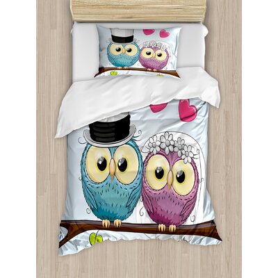 Wedding Decorations Two Cartoon Style Cute Funny Owls Husband Wife Bride and Groom Duvet Cover Set -  Ambesonne, nev_35177_twin