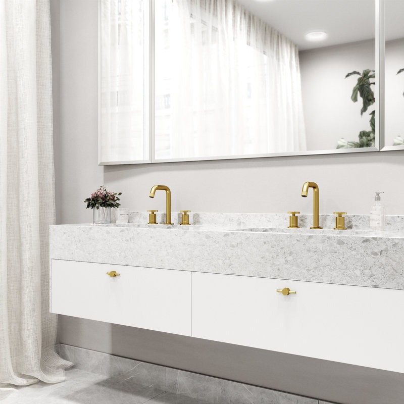 Cass Widespread 3-Hole Bathroom Faucet, 2-Handle High Arc With Wheel Knob Handles In Matte Brushed Gold, Matte Brushed Gold