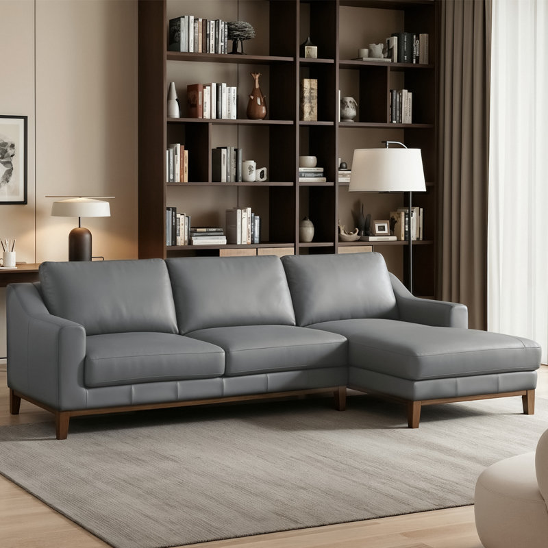 Inniss 107.3" Genuine Leather Right Chaise Sectional Sofa with Solid Wood Frame and Legs, Orange Genuine Leather