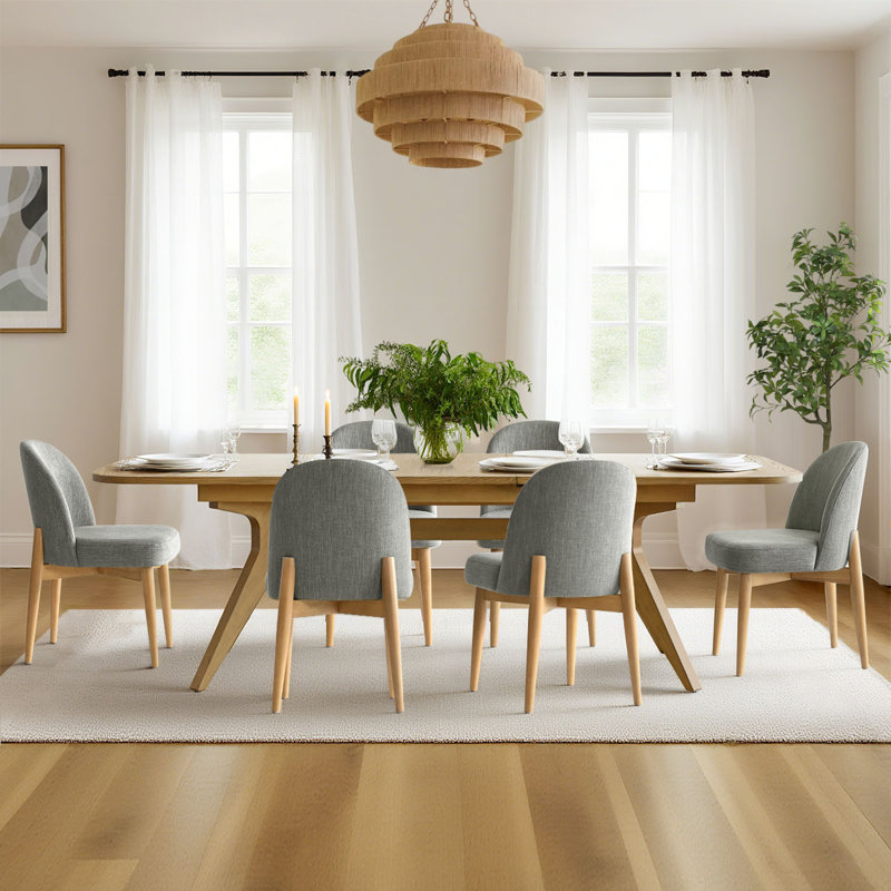 7-Piece Wood Dining Set with 6 Upholstered Chairs and Extendable Trestle Table, Gray