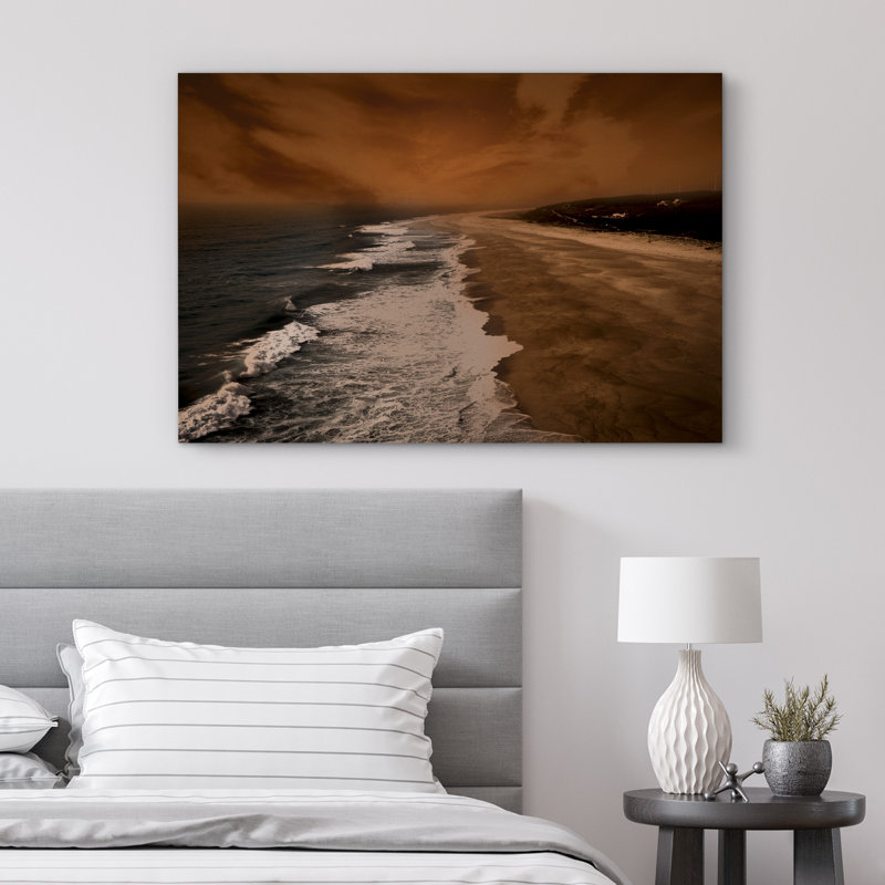 Coastal Beach " Brown Ocean Beach Rustic Dark Moody Coastal Beachy Decor ", Wrapped Canvas, 12" H x 18" W