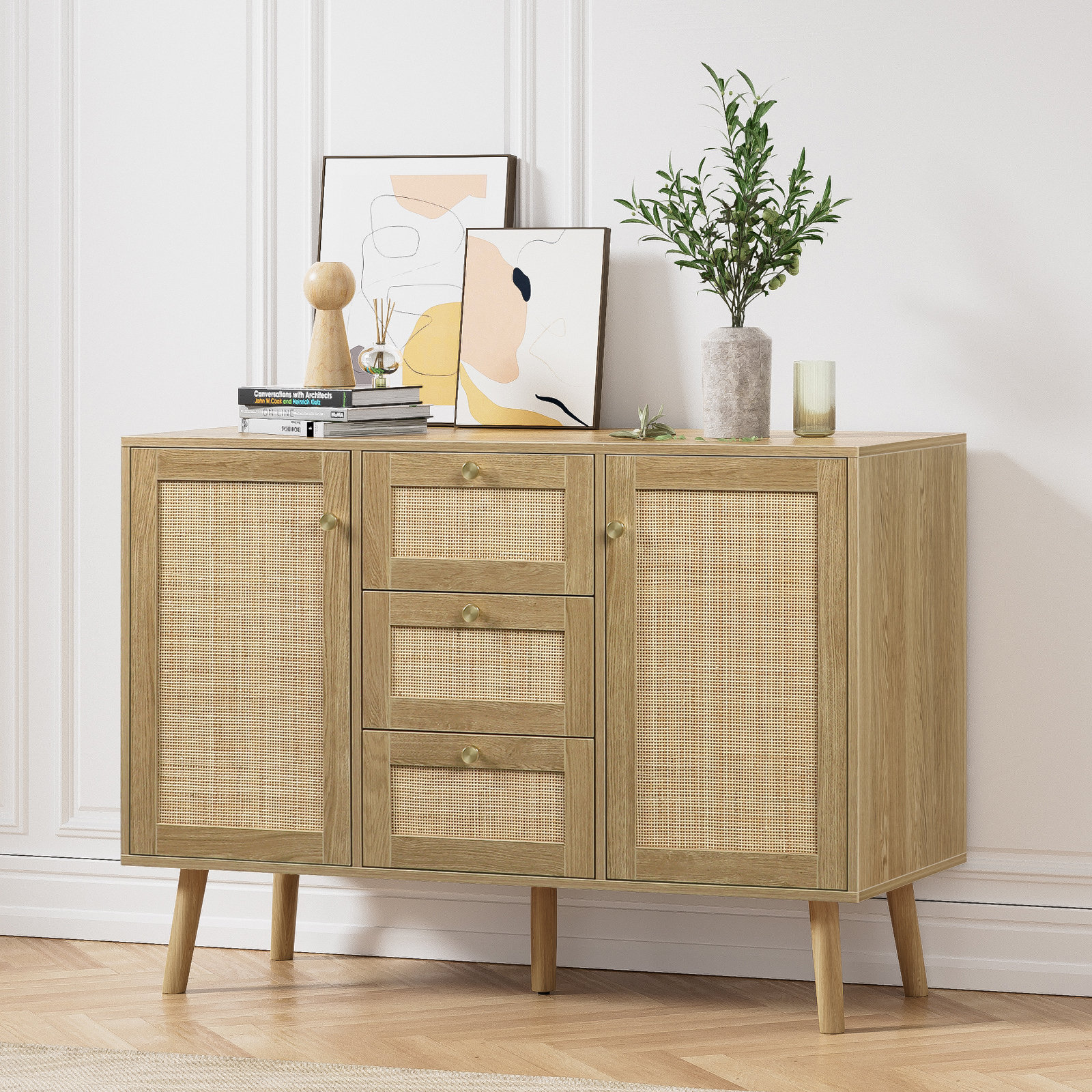 Bayou Breeze Mid-Century Sideboard Buffet Cabinet 3 Drawers Kitchen ...