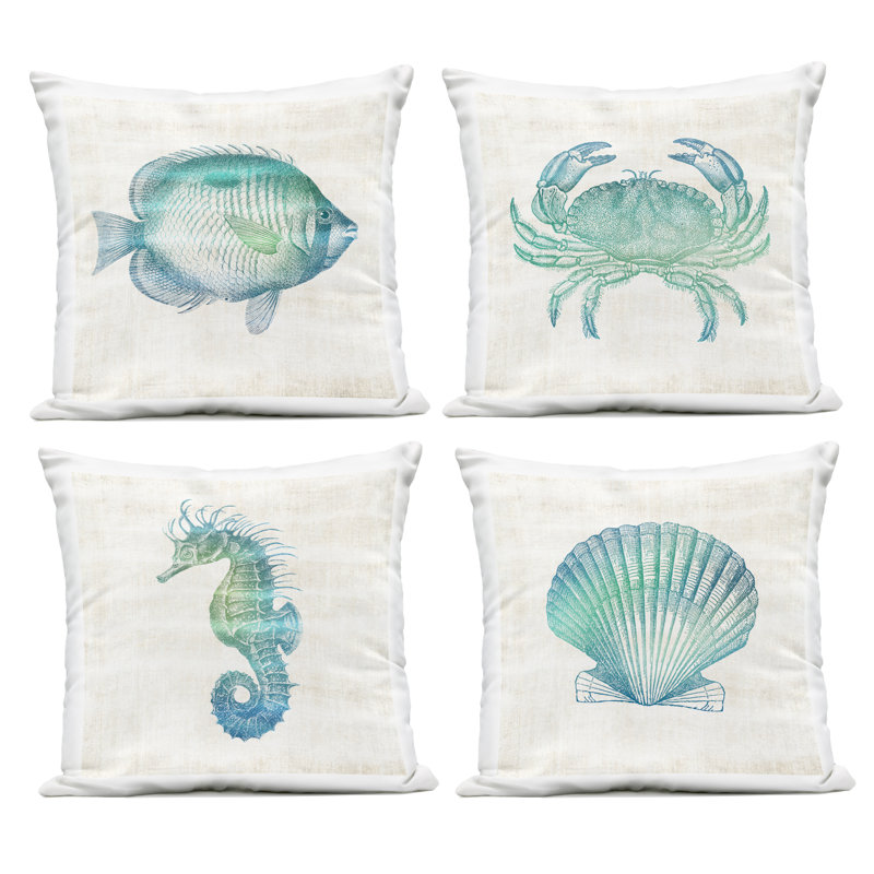Ensemble de 4 coussins décoratifs à motif aquatique Sea Life Impressions par Susan Arnot