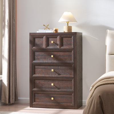 Commode Aastha à 5 tiroirs, brun, 114 cm de hauteur, en bois, organisateur de commode