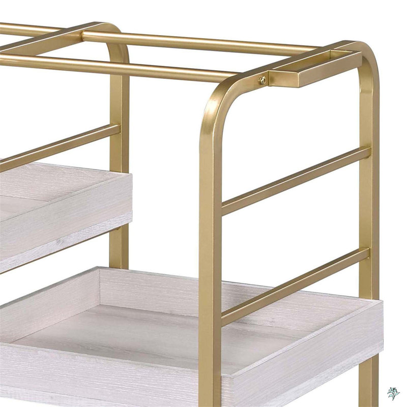 Washed Serving Cart With 3 Adjustable Trays, White/Gold