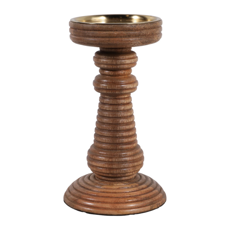 Ribbed Mango Wood Pillar Candle Holder For Home Decor - Sculptural Decorative Accent For Dining Room Tabletop Or Coffee Table - 7.5", Brown & Tan