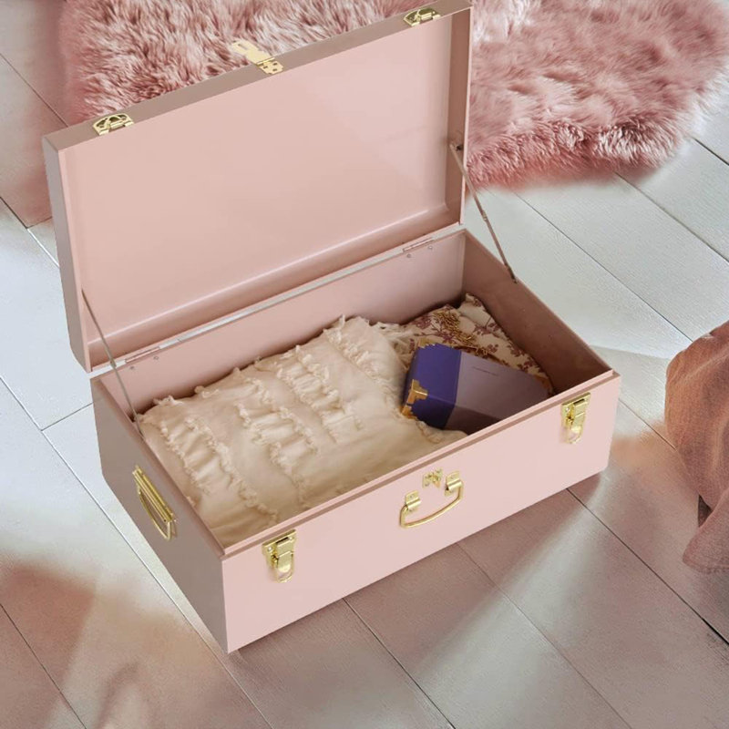 Metal Trunk Decorative Storage Box Set Of 2 College Dorm Chest With Handle, 10" H x 15" W x 24" D, Pink, Rose Gold