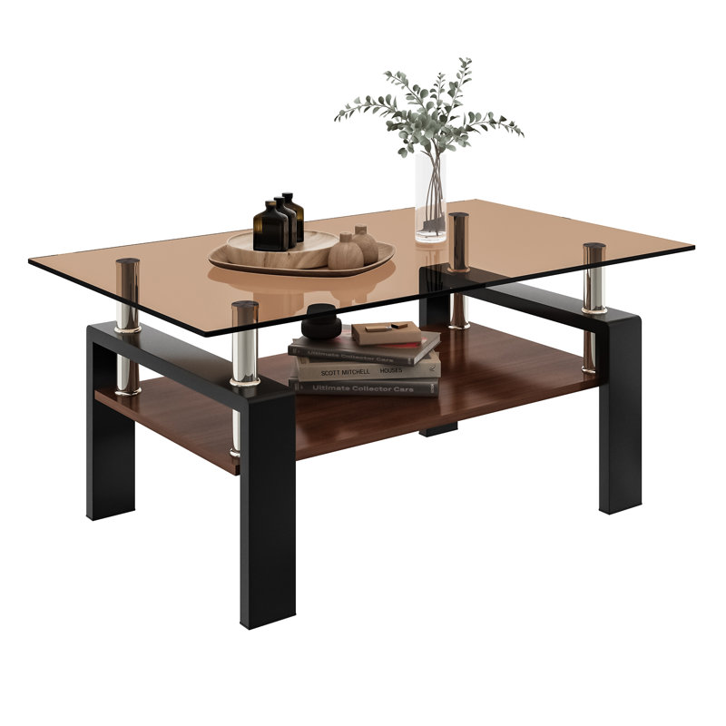 Glass Top Wood Coffee Table With Shelf, Brown, Black, 17.7" H x 39.37" L x 23.62" W