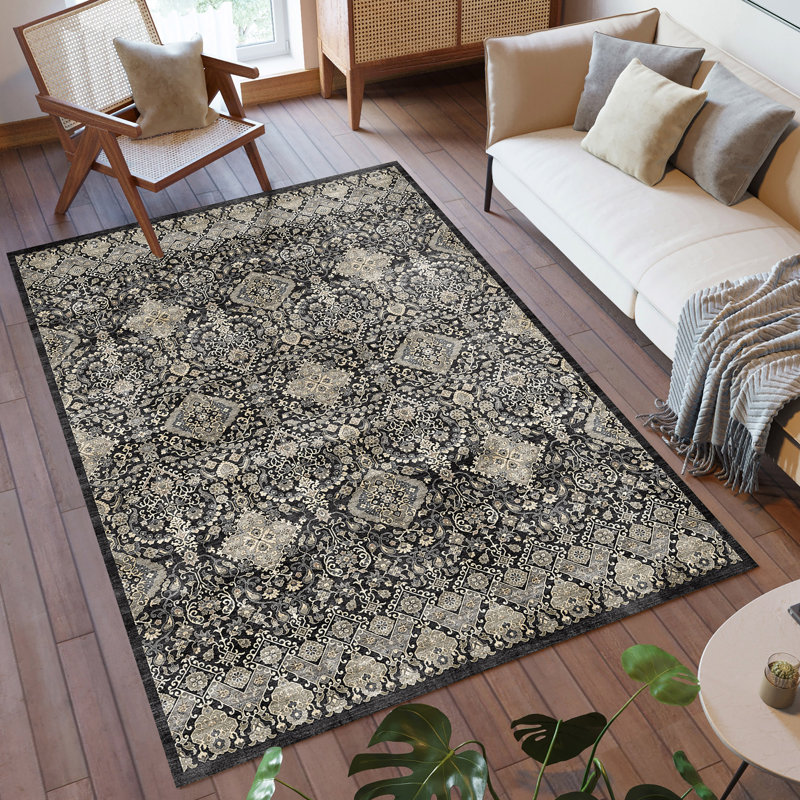 Samira Tanis Anthracite Black Cream Moroccan Bohemian Machine Washable Indoor Area Rug, Flat Pile for Living Room & Bedroom - Anthracite, 5x7