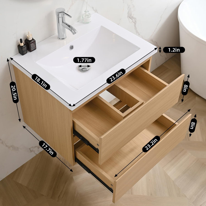 24" Wall-mounted Single Bathroom Vanity With Resin Top, Faucet, Floating Cabinet, Natural