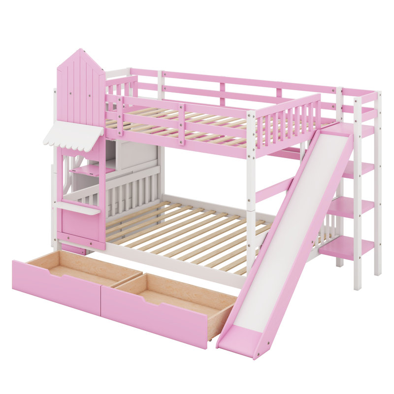 Lit superposé double de style château, lit superposé en bois avec 2 tiroirs et 3 tablettes, cadre de lit avec glissière et escalier de rangement