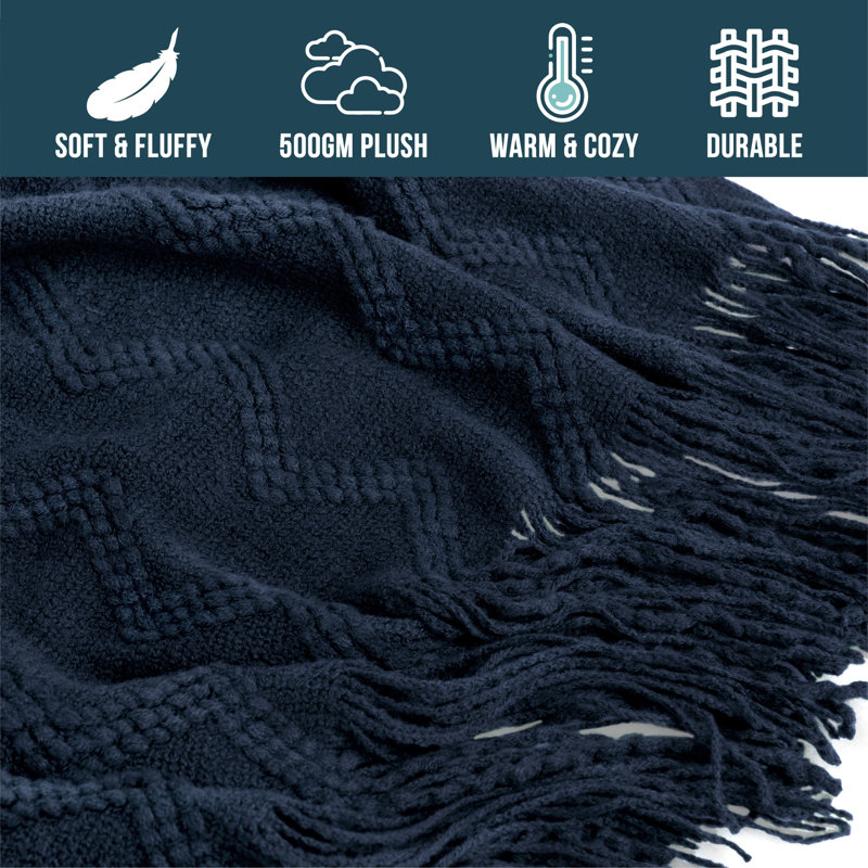 Navy Blue Knitted Fleece Reversible Throw Blanket