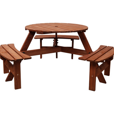 Table de pique-nique pour 6 personnes, table ronde en bois pour la cour arrière, 3 bancs, trou pour parasol, plateau de table de 35 po et coffre-fort pour l'extérieur brun