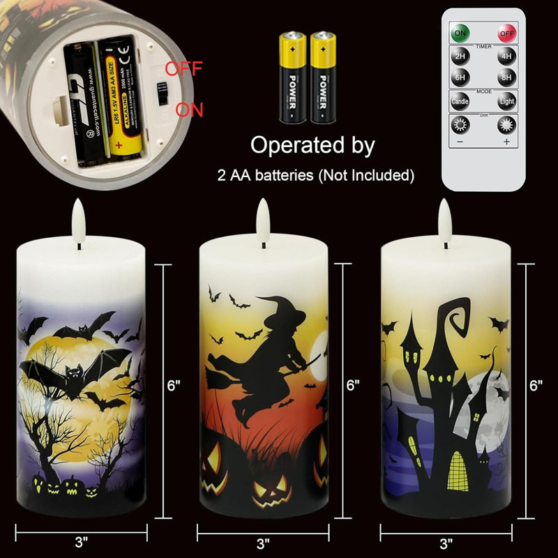 3 Pack Halloween Flameless LED Candles - 6-Hour Timer, Battery-Operated Wax with Witch/Bats/Castle Decals, Flickering for Decor