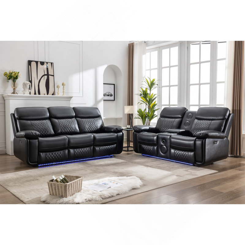 Ensemble de canapé inclinable électrique 3 + 2 avec haut-parleur / console / bande de couleur noire, Noir