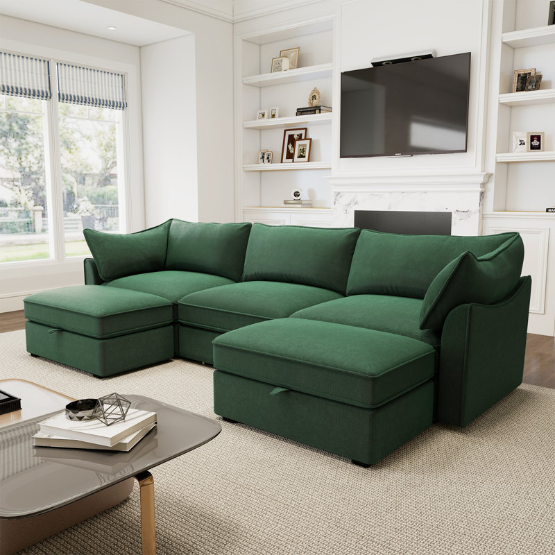 U Shape Deep Seat Sofa Couch With Ottomans,Chenille, 31.4" H x 112.6" W x 56.6" D, 3, Green