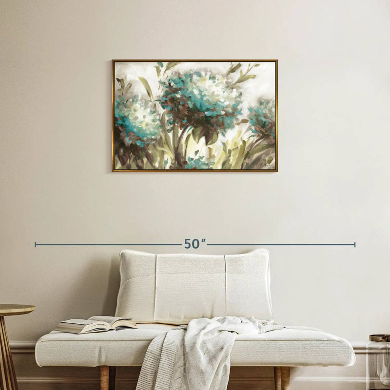Hydrangea Field Neutral, Floating Frame Gold, 31" X 21"