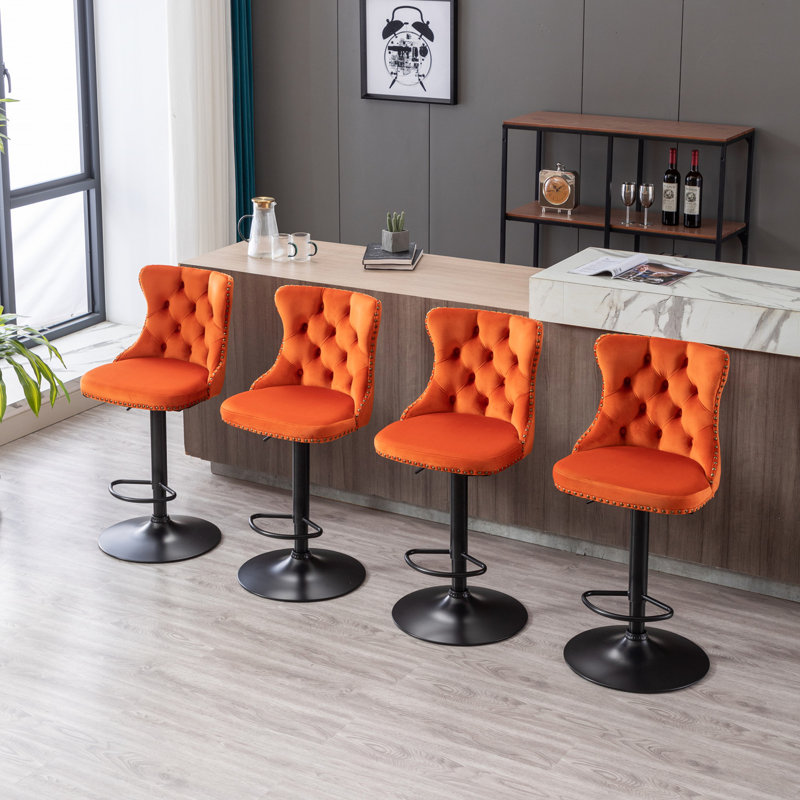 De 2 rembourrés de velours orange, siège réglable de 25 à 33 po, dossier, base de 17,7 po pour îlot de cuisine pivotant pour pub et maison