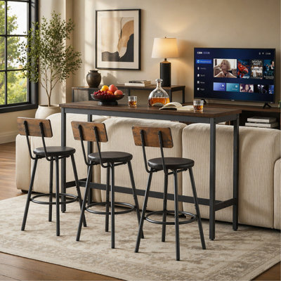 63" Long Industrial 4-Piece Bar Table Set with 3 Backed PU Upholstered Stools in Rustic Brown and Black