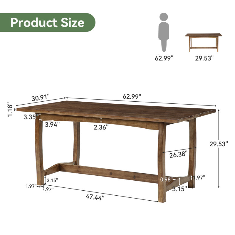 63" Solid Wood Dining Table, Farmhouse Kitchen Table for 4-6