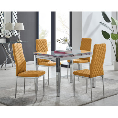 Tierra Modern Glass & Metal Extendable Dining Table Set & 4 Luxury Faux Leather Dining Chairs