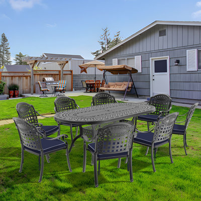 Ensemble de 9 meubles de patio en aluminium coulé avec coussins bleus 9 pièces
