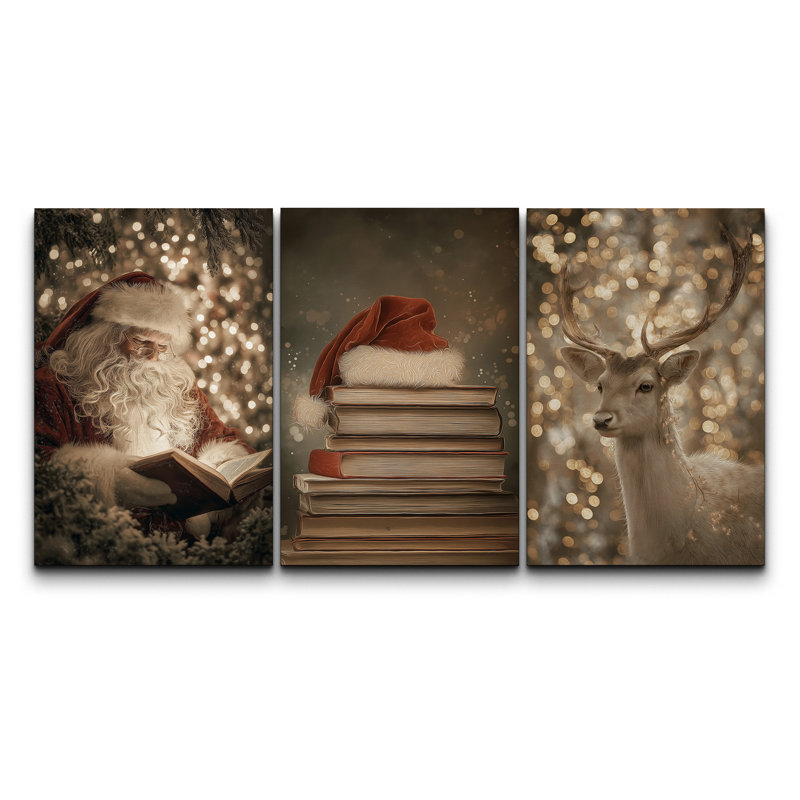 «Christmas Holiday Celebration Festive Christmas Trio», art de livres et de cerfs, H 36 po x l 72 po x P 1,5 po, Toile tendue