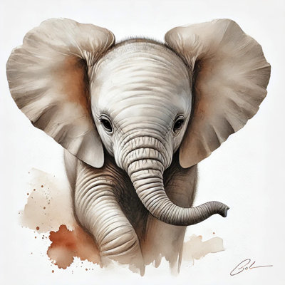Majestic Baby Elephant Watercolor Wrapped Canvas Wall Art