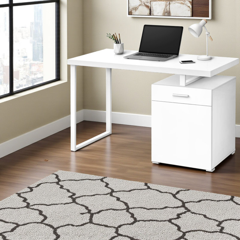 Alena White Finish 1-Drawer Computer Desk with White Metal Leg, 29.73" H X 47.08" W X 23.64" D