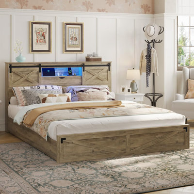 Rustic Oak California King Size  Farmhouse Barn Door Storage Headboard Bed Frame with Charging Station & LED Lights, 2 Drawers Wooden Platform Bed, No Box Spring Needed 