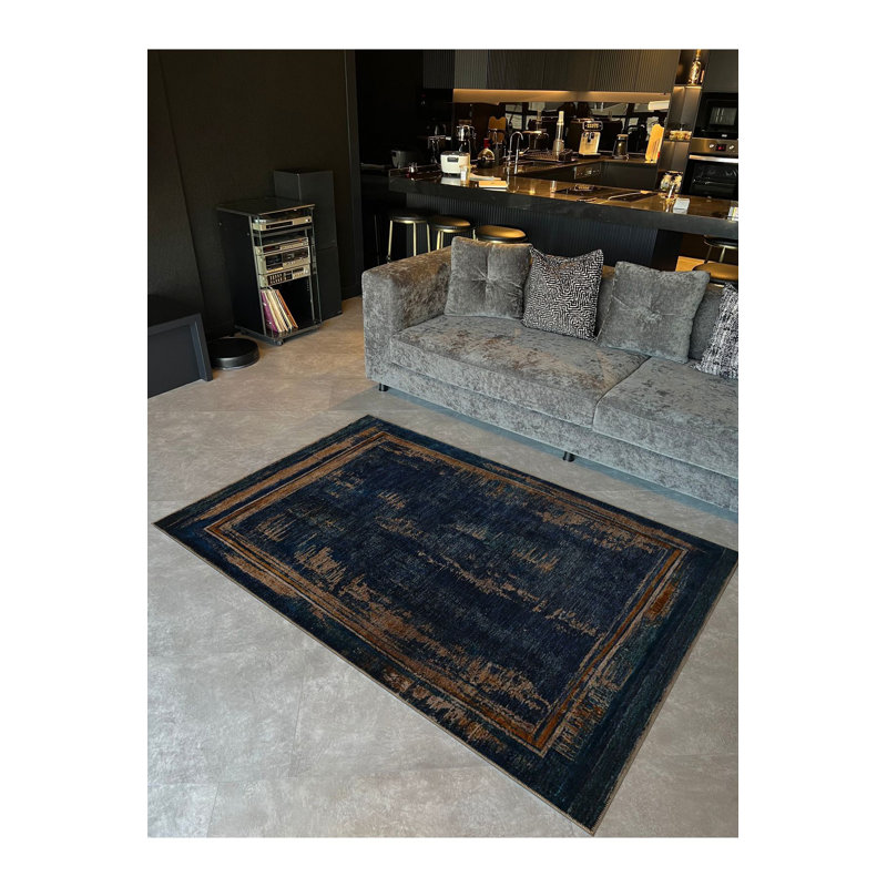 Tapis décoratif rétro à motif classique bleu marine, Tapis de couloir 4 pi 11 po x 9 pi 10 po inclus