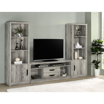 3 Grey Driftwood Tv Center, With Central Stand And Two Towers, Storage For 55 Inch Tvs, Transitional Design In Primary Living Space Media , Perfect Style With Ample Display Options