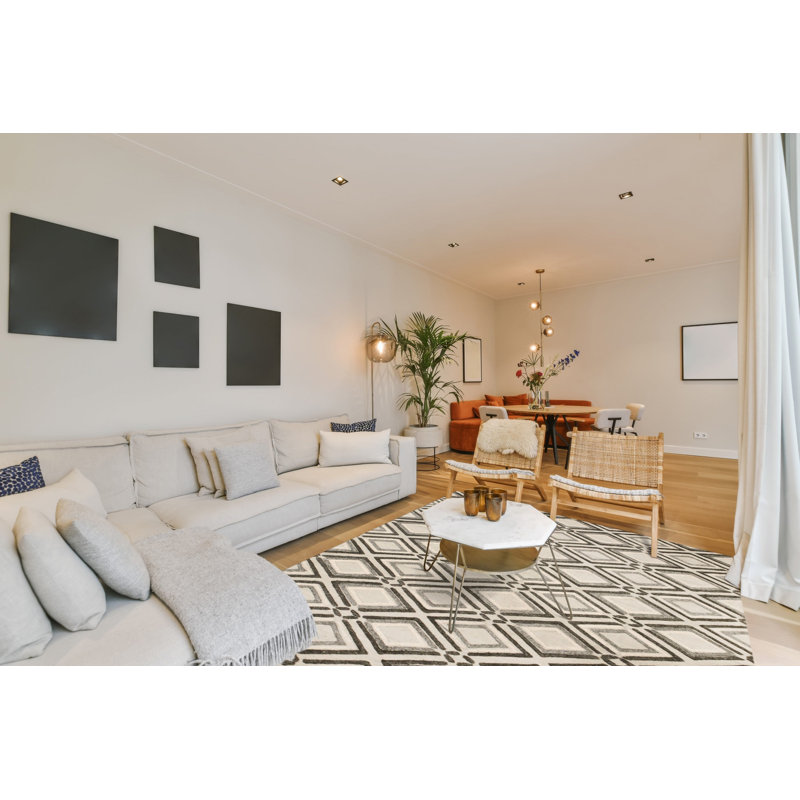 Tapis contemporain gris à motif géométrique en laine noué à la main 5x8, Gris