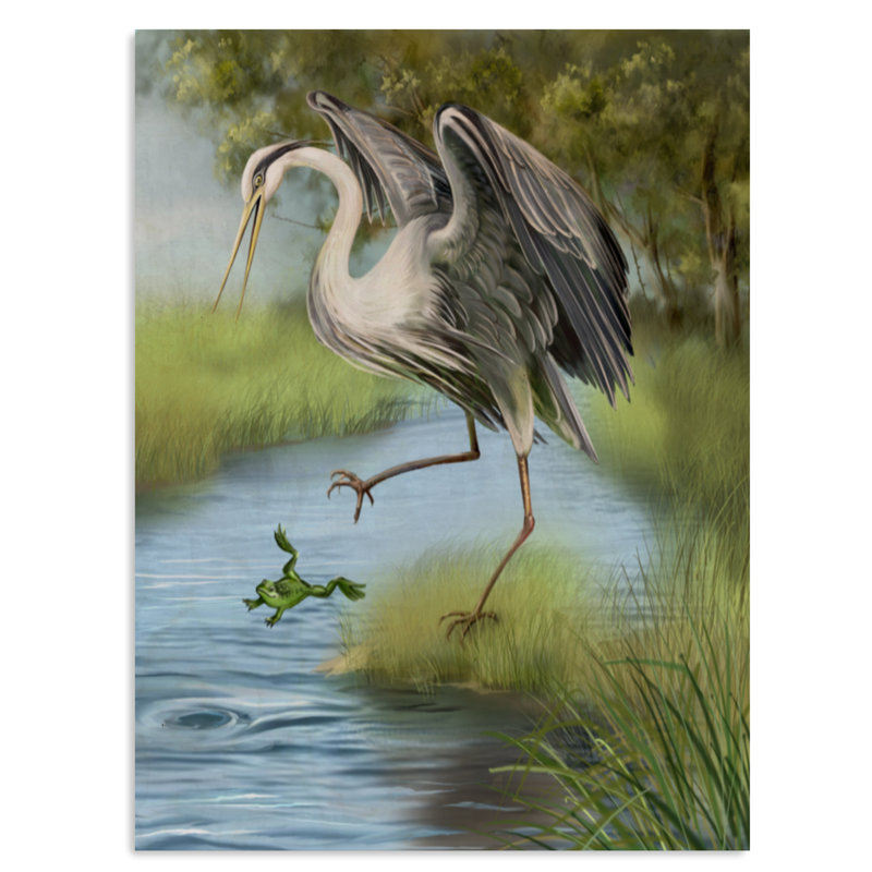 Grue chassant une grenouille dans l'eau - Imprimé campagnard, H 12 po x l 8 po x P 1 po, Bois de pin